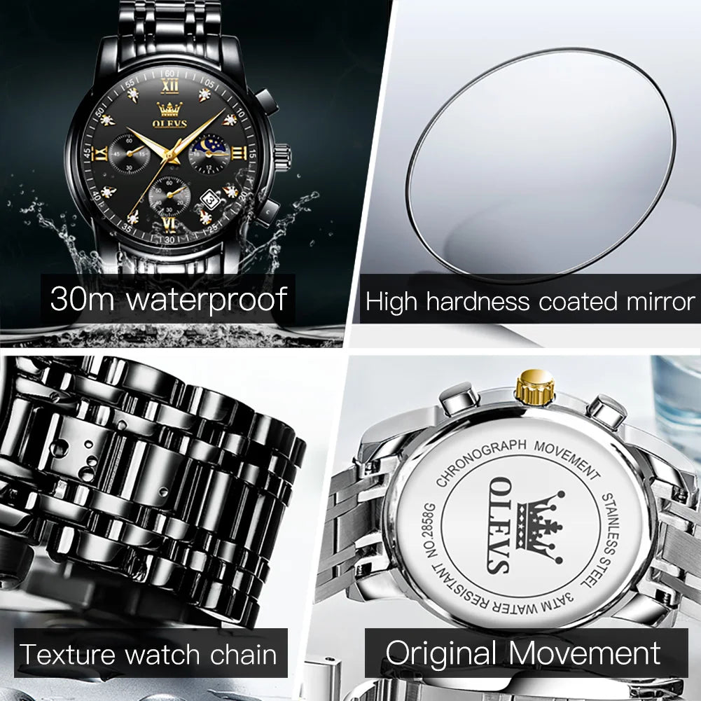 OLEVS 2858 Herrenuhr Diamantzifferblatt Mondphase Quarzuhr für Herren Edelstahl Wasserdicht Top-Marke Luxus Herren-Armbanduhr
