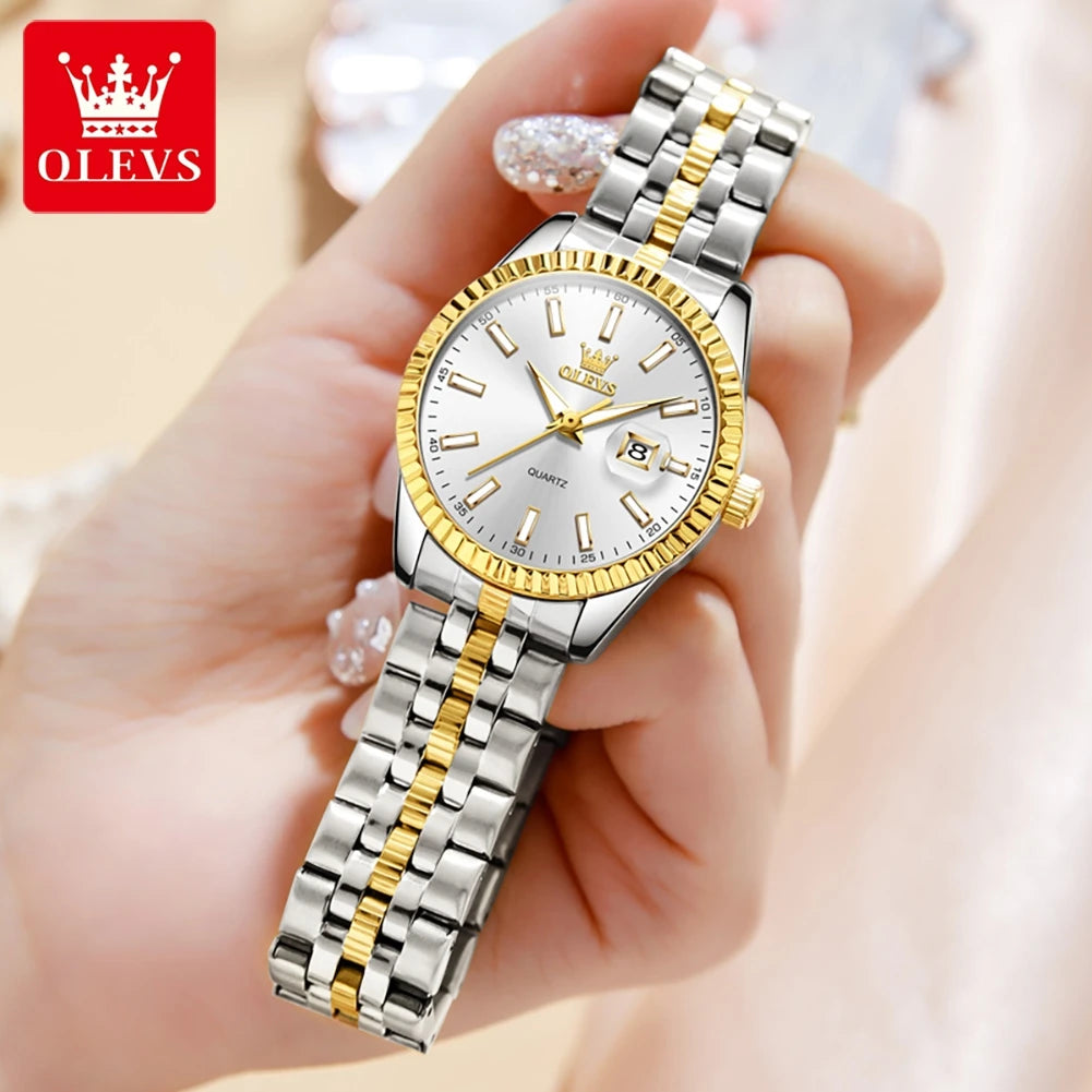 OLEVS 5593 Quarz Damenuhr Top Marke Original Uhr für Frauen Wasserdicht Leuchtend Luxus Kalender Edelstahl Zeigeruhr