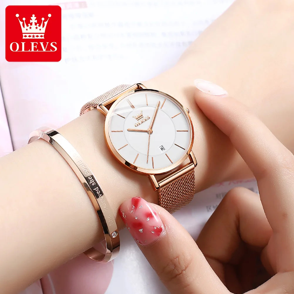 OLEVS Kadın Saati Japon Kuvars Mekanizma 6.5mm Kasa Kalınlığı Su Geçirmez Kadın Kol Saati Takvim Moda Elbise Kol Saati