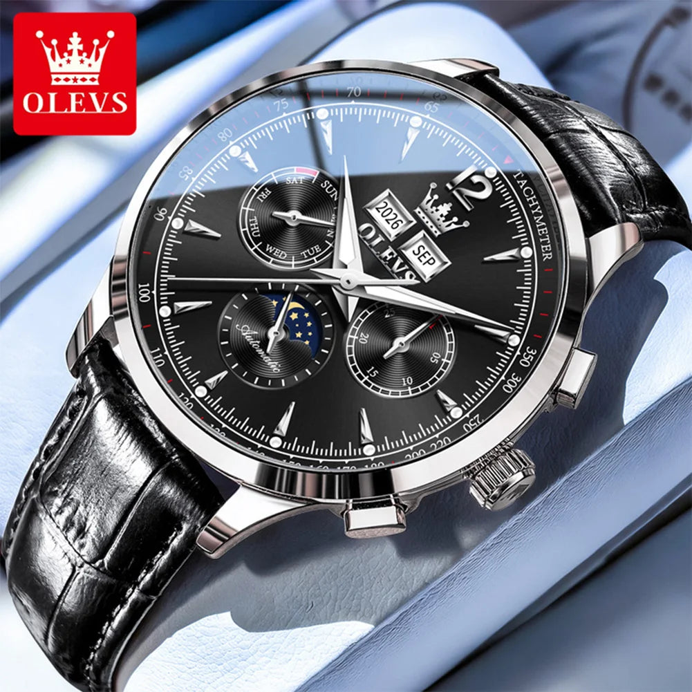 OLEVS 7128 Men's Watch Luxury Classic Automatic Mechanical Wristwatch Waterproof Perpetual Calendar Moon Phase Watches For Men
