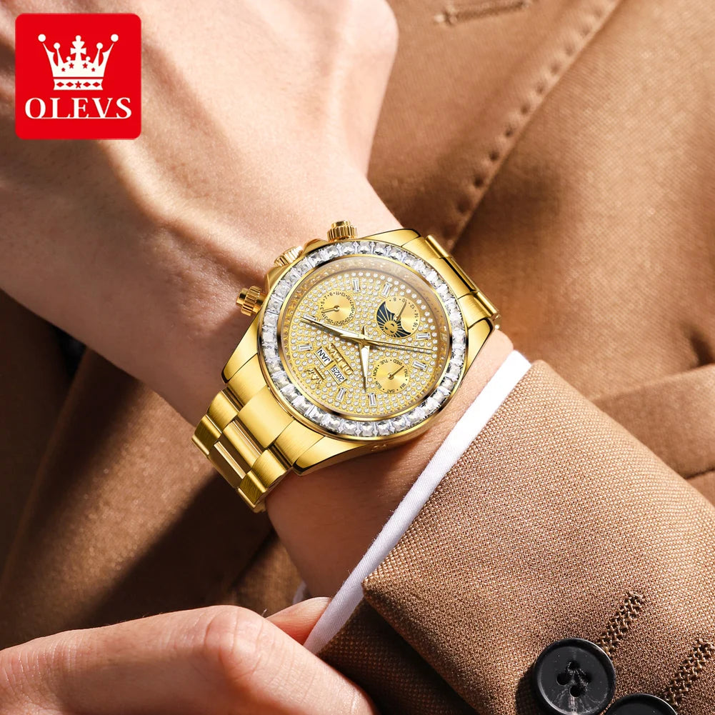 OLEVS 7038 Luxury Diamond Mechanical Watch For Men Moon Phase Auto Date Man Hand Clock 30M Waterproof Stainless Steel Men Watch