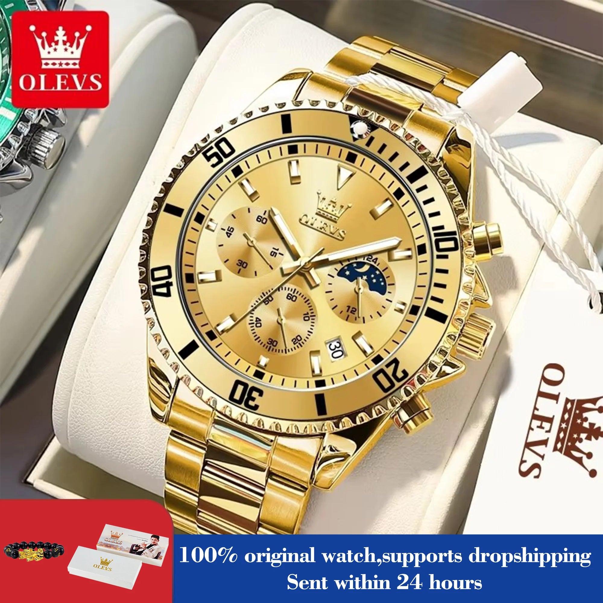 OLEVS 2870 Herrenuhr 42,5 mm großes Zifferblatt Chronograph Mondphase Wasserdichte Sportuhr Original Mode Quarzarmbanduhr für Herren 2025