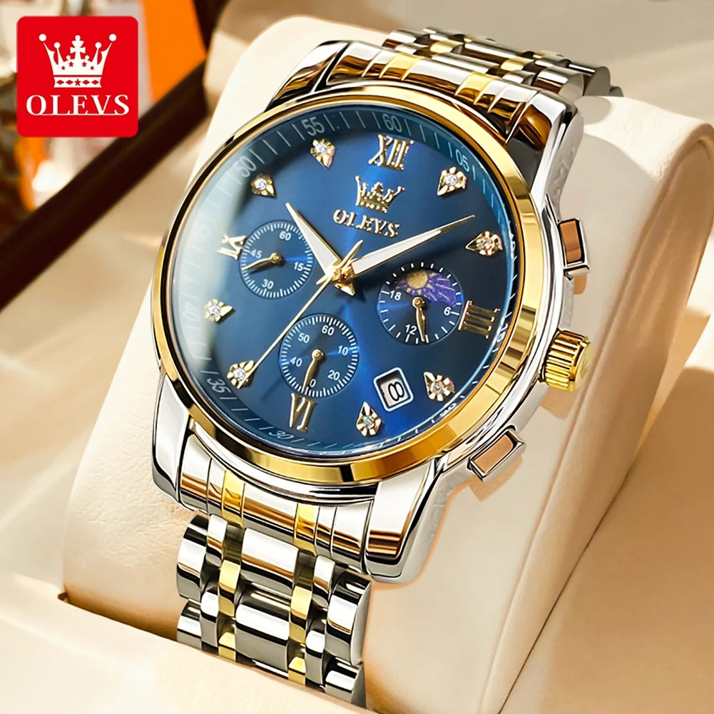 OLEVS 2858 Herrenuhr Diamantzifferblatt Mondphase Quarzuhr für Herren Edelstahl Wasserdicht Top-Marke Luxus Herren-Armbanduhr