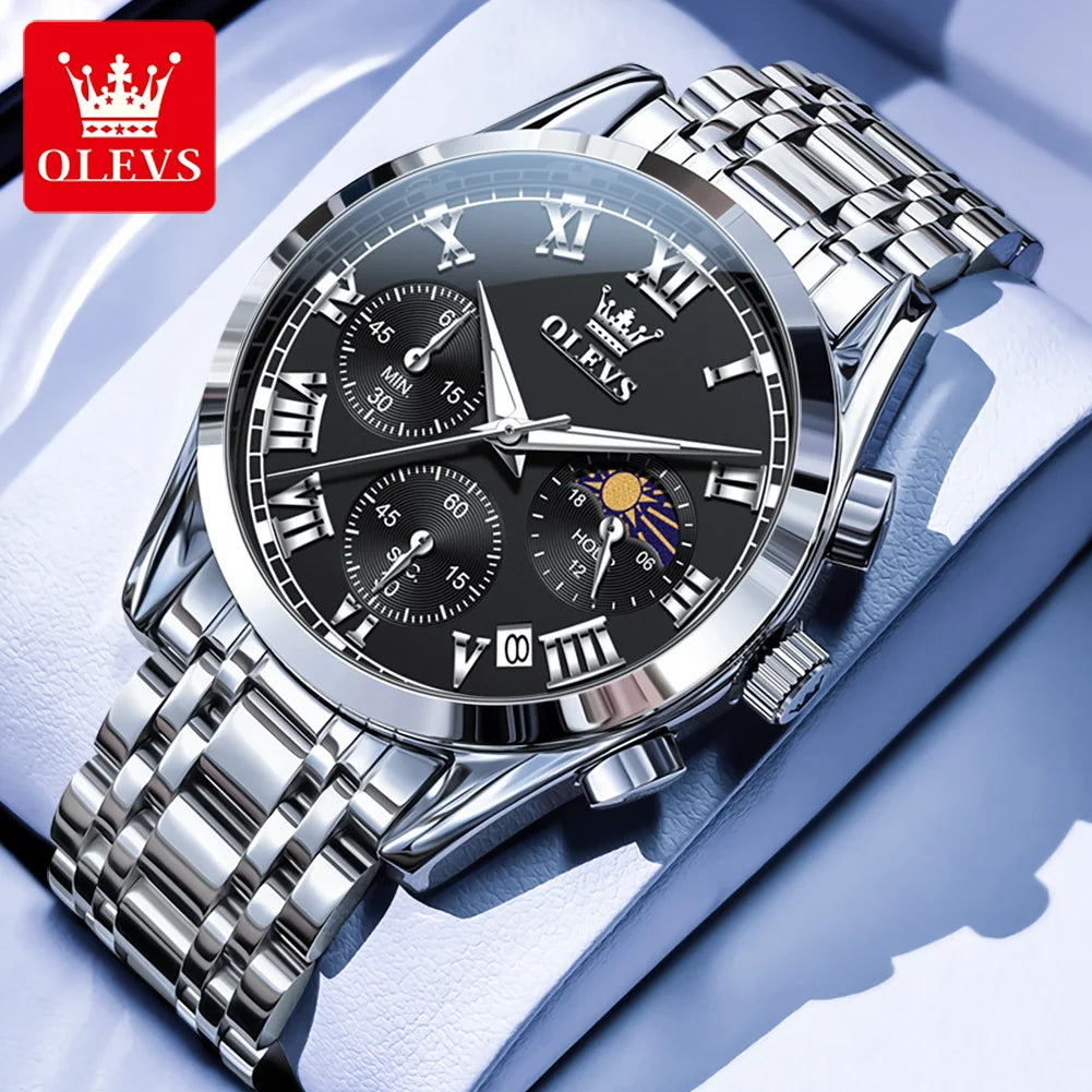 OLEVS 2871 Herrenuhr Original Kalender Mondphase Quarzuhr 30M Wasserdicht Edelstahl Herrenarmbanduhr Uhren für Herren