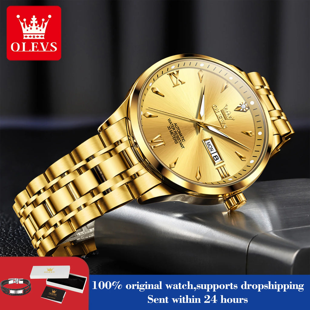 OLEVS 9956 Man Watch Steel Strap Luxury Mechanical Watch For Men Original Fashion Waterproof Automatic Hand Clock Dual Calendar