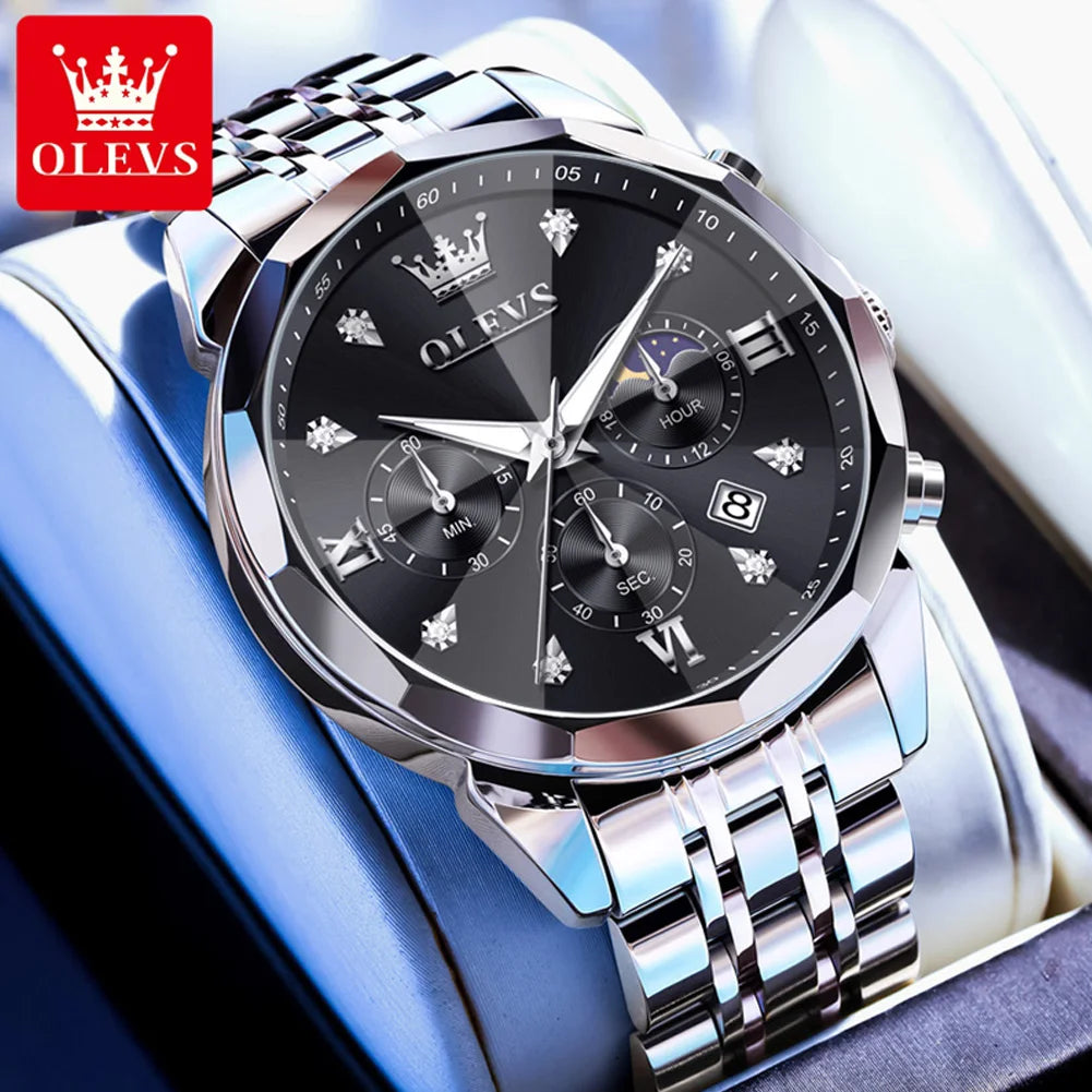 OLEVS 3670 Herrenuhr Mode Datum Mondphase Leuchtende Quarzuhr für Herren Luxus Chronograph Wasserdicht Business-Armbanduhr