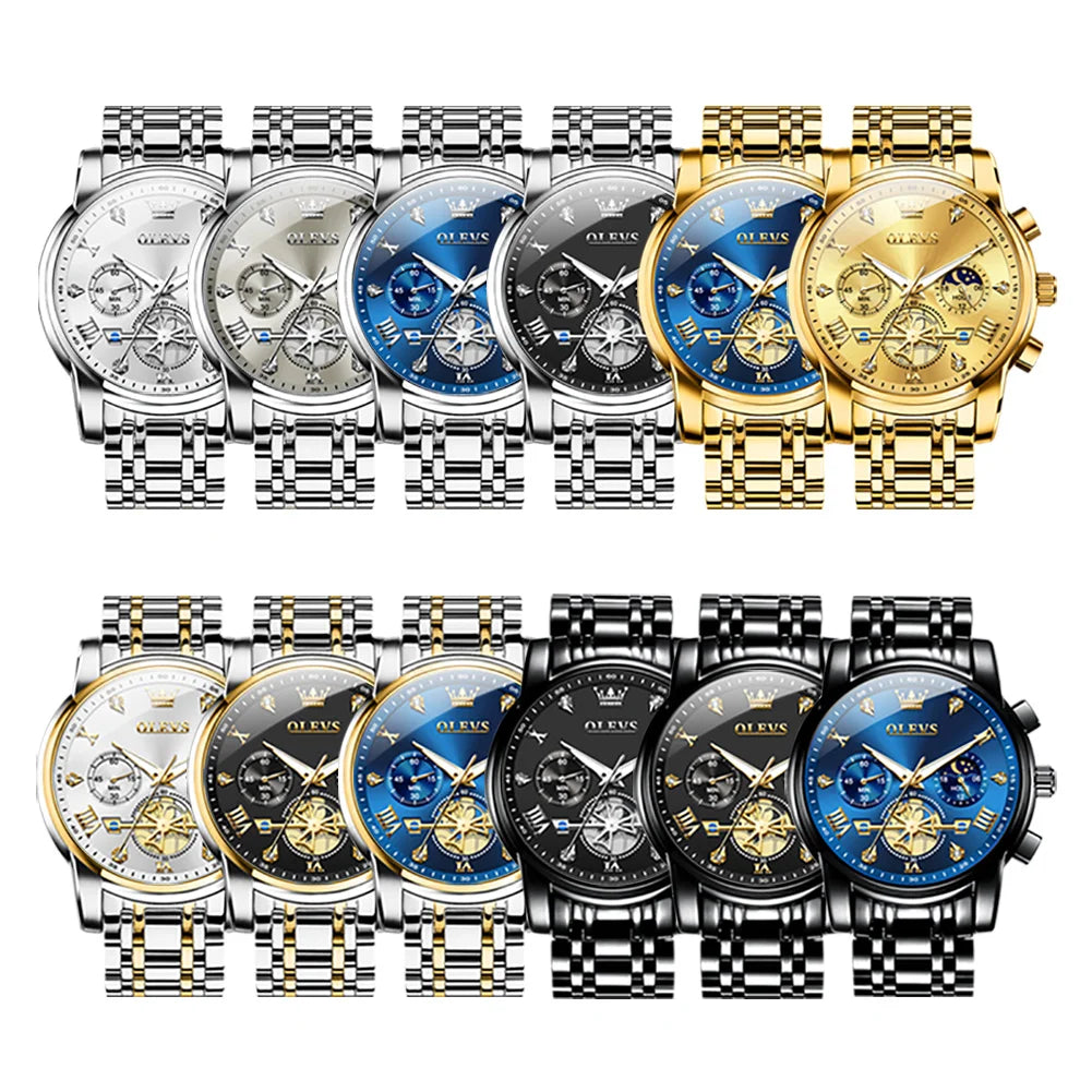 OLEVS 42mm Big Dial Watch For Men Moon Phase 24 Hour Display Waterproof Quartz Man Wrist Watches Original Luxury Hand Clock 2856