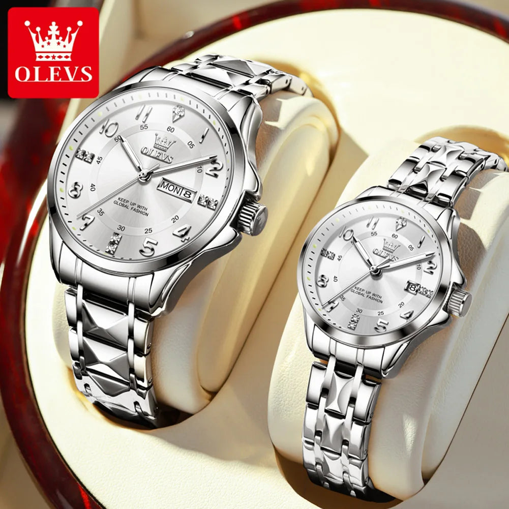 OLEVS 2910 Uhr für Herren und Damen, Luxuriöse Quarz-Paaruhren, Wasserdichte Edelstahl-Armbanduhr mit Diamant-Zifferblatt