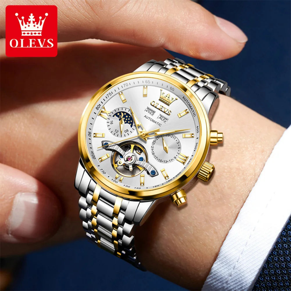 OLEVS 6740 Watches For Man Original Luxury Flywheel Automatic Mechanical Watches Moon Phase Waterproof Luminous Watches Gifts