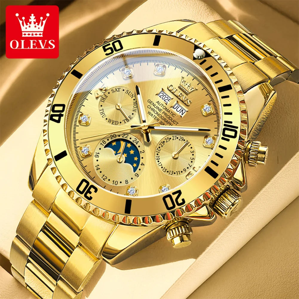 OLEVS 6729 Men Automatic Watch Luxury Business Moon Phase Mechanical Watch For Men 30M Waterproof Calendar Original Hand Clock