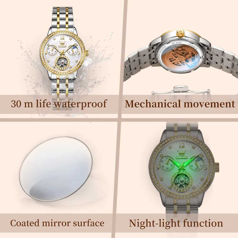 OLEVS 6750 Woman Automatic Watches Luxury Hollow Flywheel Mechanical Watches For Woman Waterproof Moon Phase Ladies Hand Clock