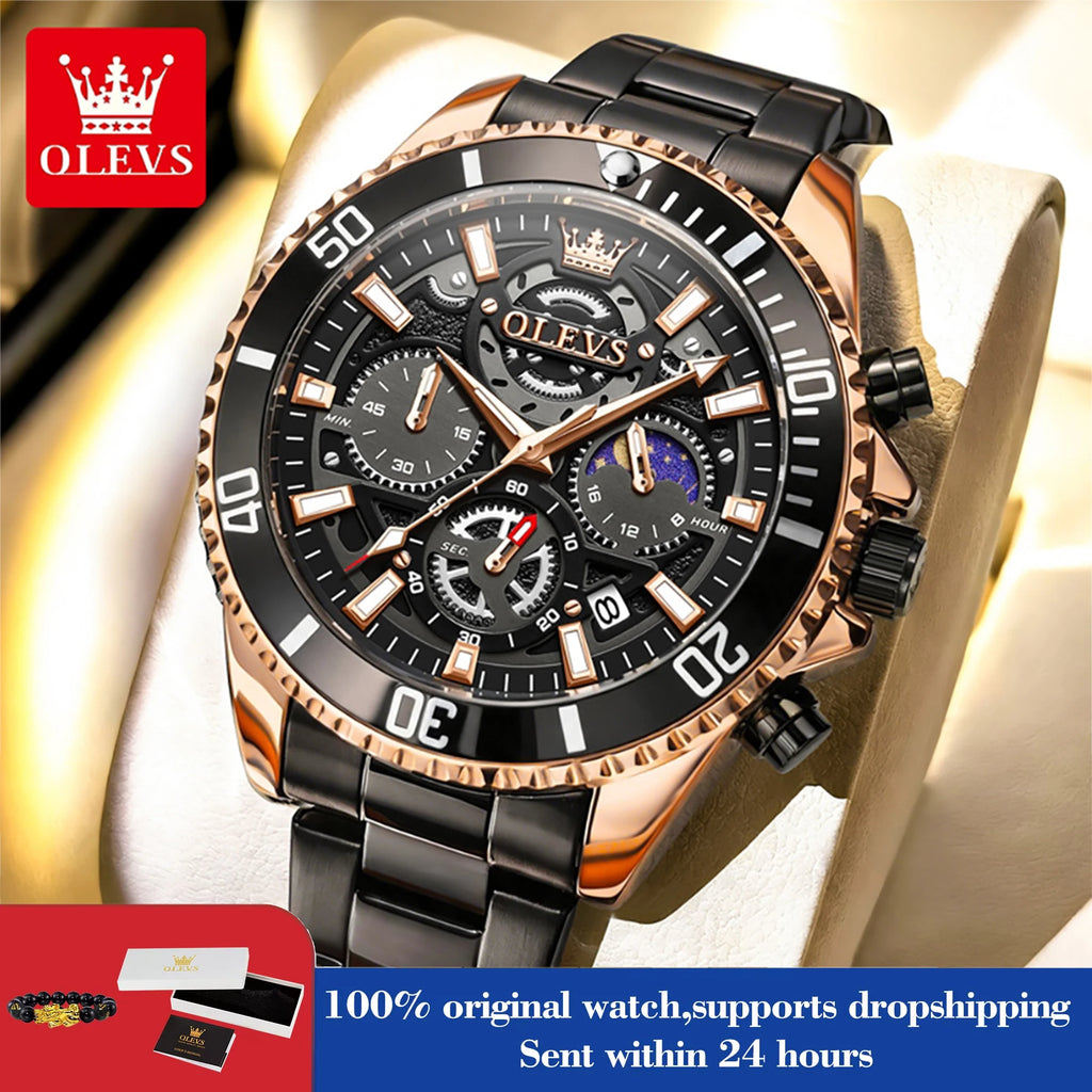 OLEVS 2990 Neue Taucheruhr Quarz Herrenuhr Chronograph Mondphase Wasserdicht Leuchtende Edelstahlarmband Sportuhren für Herren