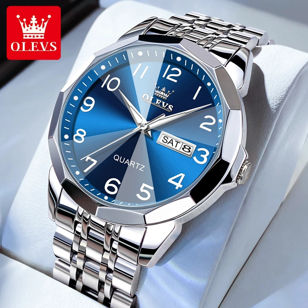OLEVS 9970 Couple Watch For Men Women Luxury Number Dial Rhombus Mirror Quartz Hand Clock Stainless Steel Original Dress Watches
