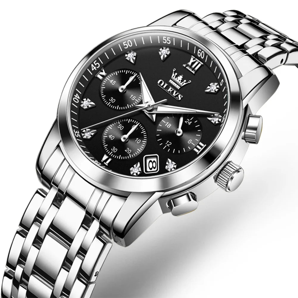 OLEVS 2858 Damenuhr Luxus Wasserdichte Datumsquarzuhr für Damen Diamantskala Chronograph Business Handuhr Stahlarmband