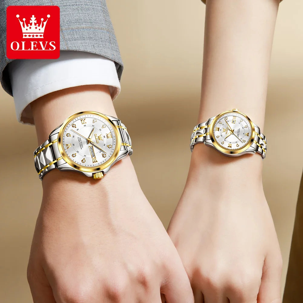 OLEVS 2906 Paar-Armbanduhr Original Römisches Zifferblatt Diamantenbesatz Luxus Quarz Uhr Für Herren Damen Rhombus Armband Wasserdicht Zeigeruhr