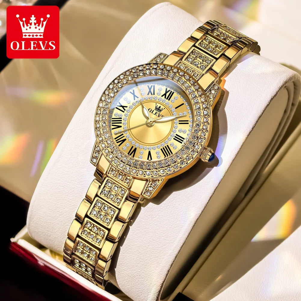 OLEVS Kadın Saatleri Lüks Orijinal Kuvars Bayan Kol Saati Su Geçirmez Rose Gold Çelik Kordon Romen Kadranlı Kadın Saati 9943