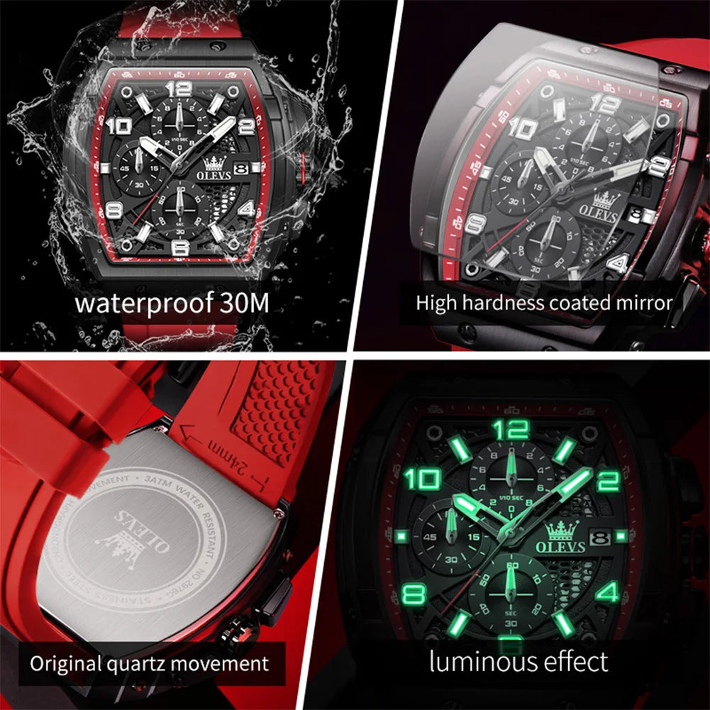 OLEVS 2976 Herrenuhr Chronograph Datum Quarzuhr für Herren Ziffernskala Tonneau Großes Zifferblatt Wasserdichtes Silikonarmband Armbanduhr