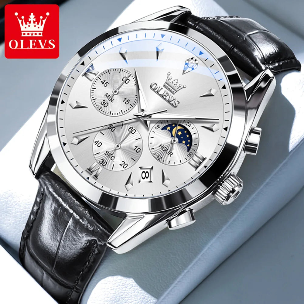 OLEVS 3609 Armbanduhr für Herren, modisch, Kalender, wasserdicht, leuchtend, für Herren, Chronograph, Mondphase, Quarz, Business-Herrenuhren