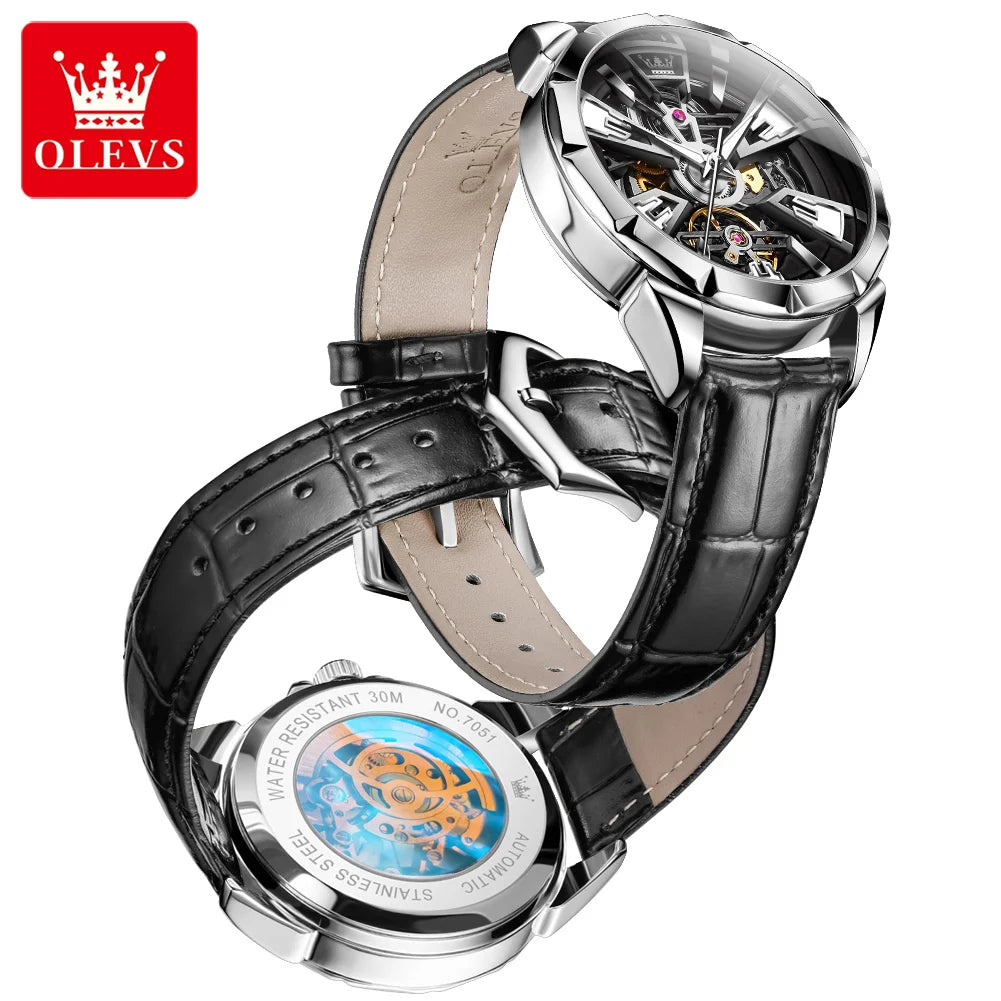 OLEVS 7051 Watch For Men Fashion Hollow Automatic Mechanical Male Hand Clock Waterproof Luminous Original Sport Man Watches