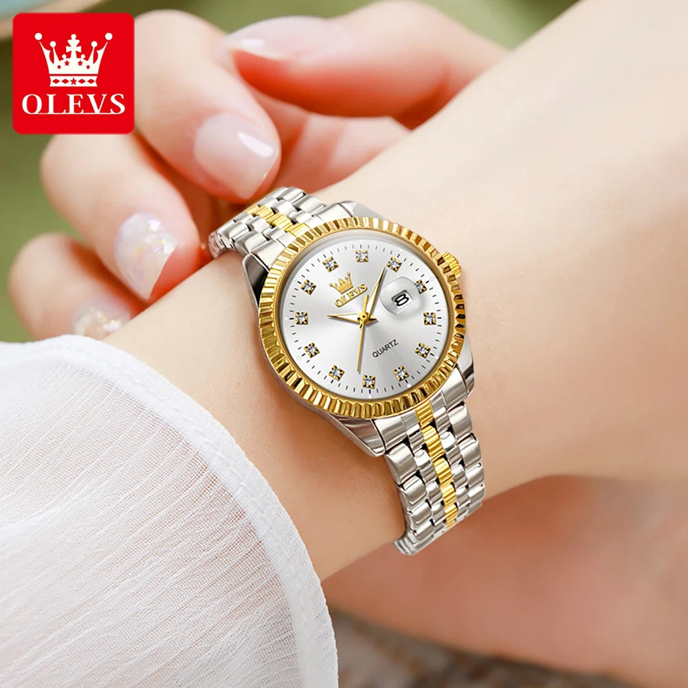 OLEVS 5526 Damenuhr Luxus-Kalenderuhr für Damen Original Leuchtend Wasserdicht Edelstahl Quarz Damenuhr