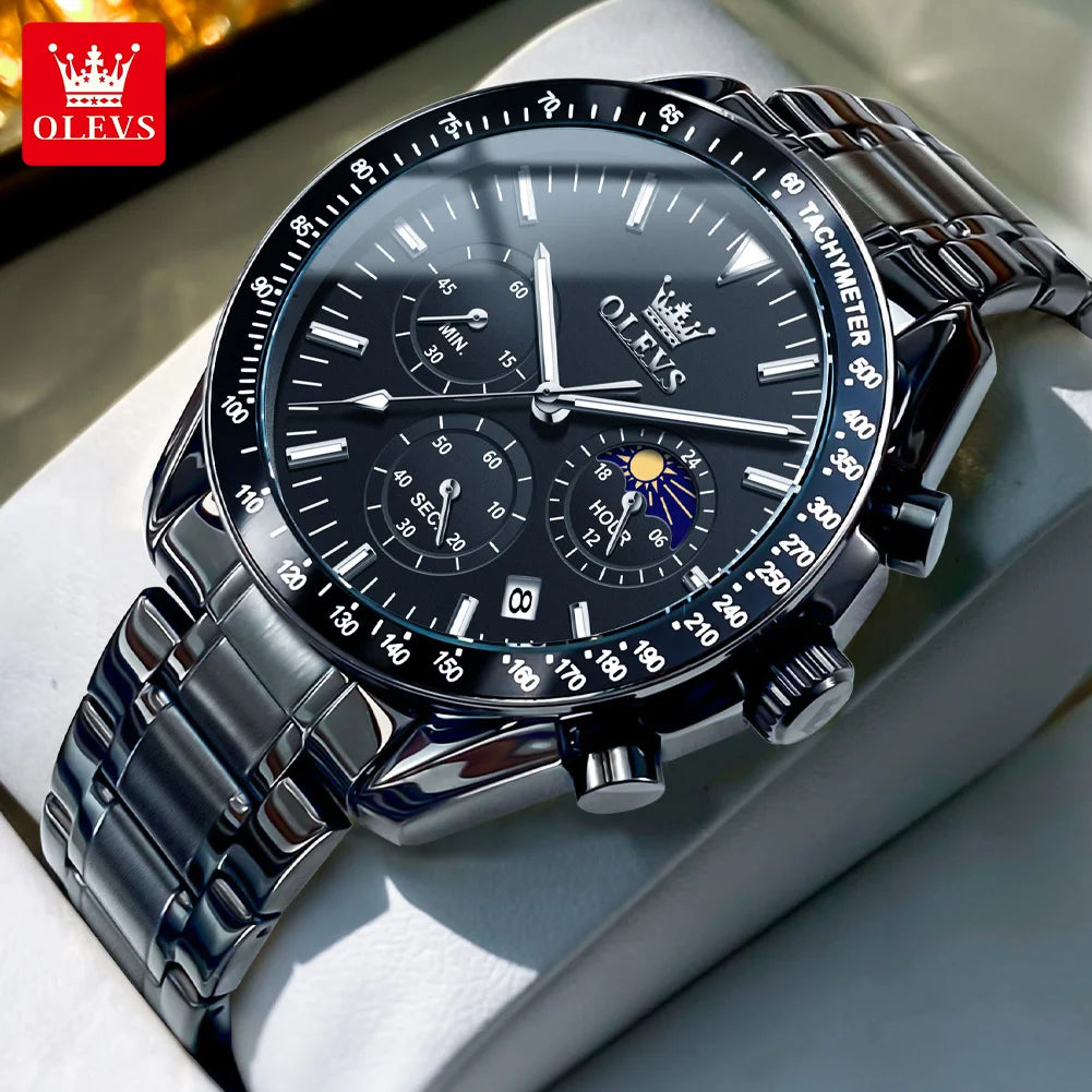 OLEVS 3618 Quarzuhr für Herren, originaler Chronograph, Mondphase, 24-Stunden-Anzeige, Armbanduhr, Edelstahl, Top-Marke Herrenuhr