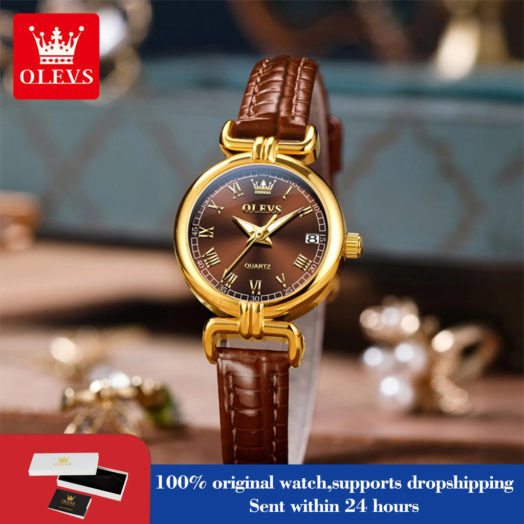 OLEVS 5645 Women's Watch Leather Strap Date Quartz Watch For Women High Hardness Mirror Roman Scale Fashion Ladies Hand Clock