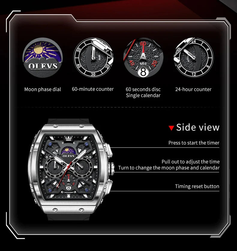 OLEVS 2942 Luxus-Chronograph Quarzuhr für Herren 44mm großes Zifferblatt Mondphase Zeigeruhr Datum wasserdicht Original Modeuhren
