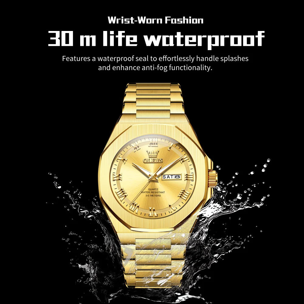 OLEVS 3727 Mens Watches Waterproof Luminous Week Date Quartz Watches Stainless Steel Luxury Watches For Men High Quality Reloj