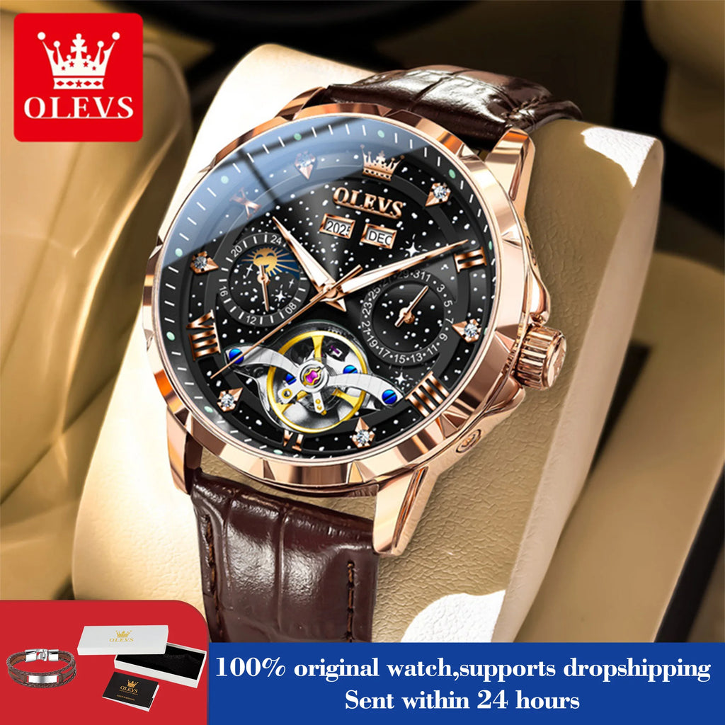 OLEVS 6690 Men's Watch Hollow Fashion Date Mechanical Watch For Men Moon Phase Deep Waterproof Luminous Original Man Hand Clock