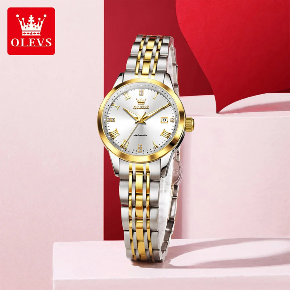 OLEVS 7062 Woman Watch  Luxury Luminous Waterproof Steel Strap Auto Date Mechanical Watches For Women Roman Scale Ladies Hand