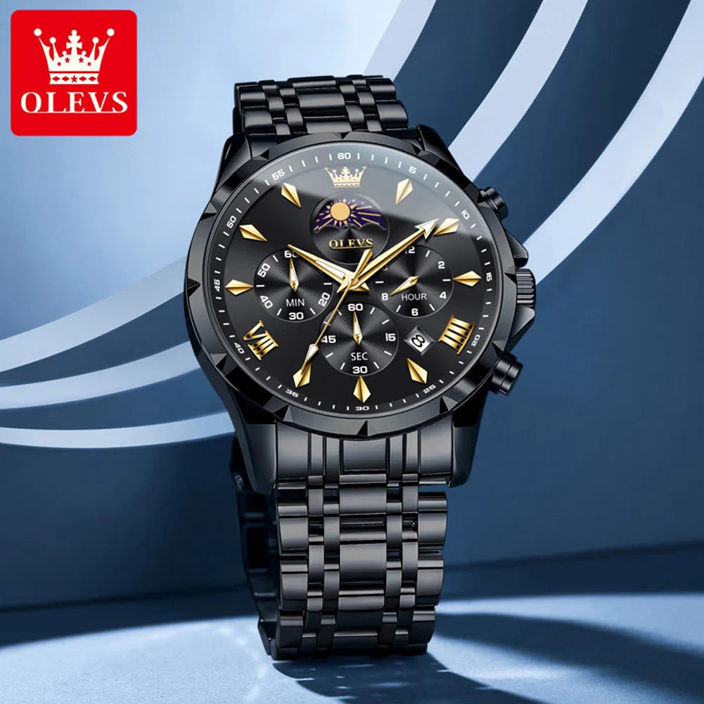 OLEVS 3653 Herrenuhr Original Chronograph Quarz Armbanduhr Stahlband Mondphase Datum Wasserdicht Top Marke Herrenuhr