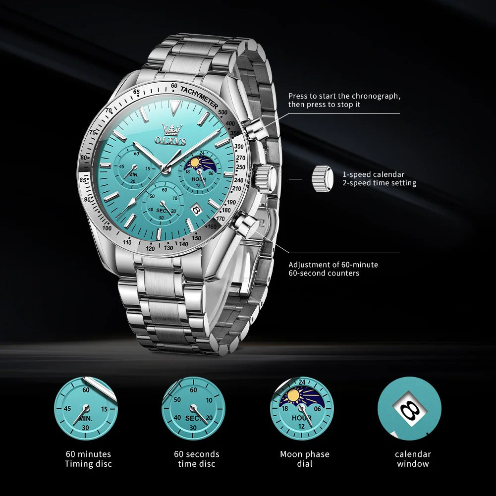 OLEVS 3618 Quarzuhr für Herren, originaler Chronograph, Mondphase, 24-Stunden-Anzeige, Armbanduhr, Edelstahl, Top-Marke Herrenuhr