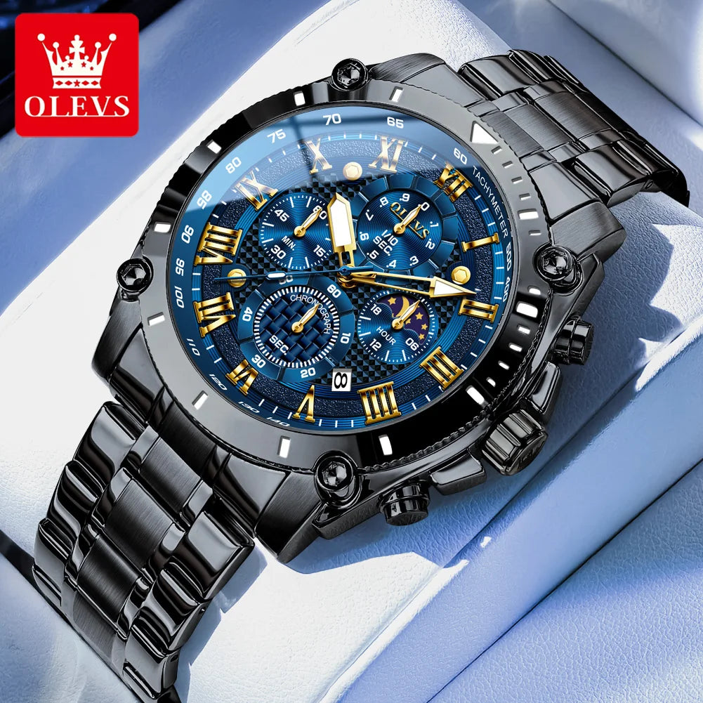 OLEVS 3689 Quarzuhr Herren Mode Original 47mm Großes Zifferblatt Römische Skala Mondphase Uhr Für Herren Kalender Wasserdicht Armbanduhr