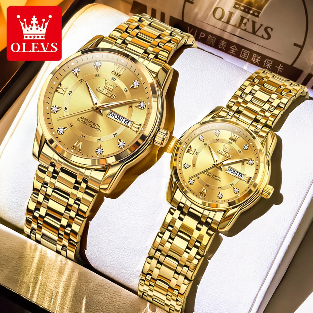 OLEVS 5513 Paar Uhren Luxus Dual-Kalender Quarzuhren für Männer Frauen Original Wasserdicht Leuchtende Diamant-Skala Zeigeruhr