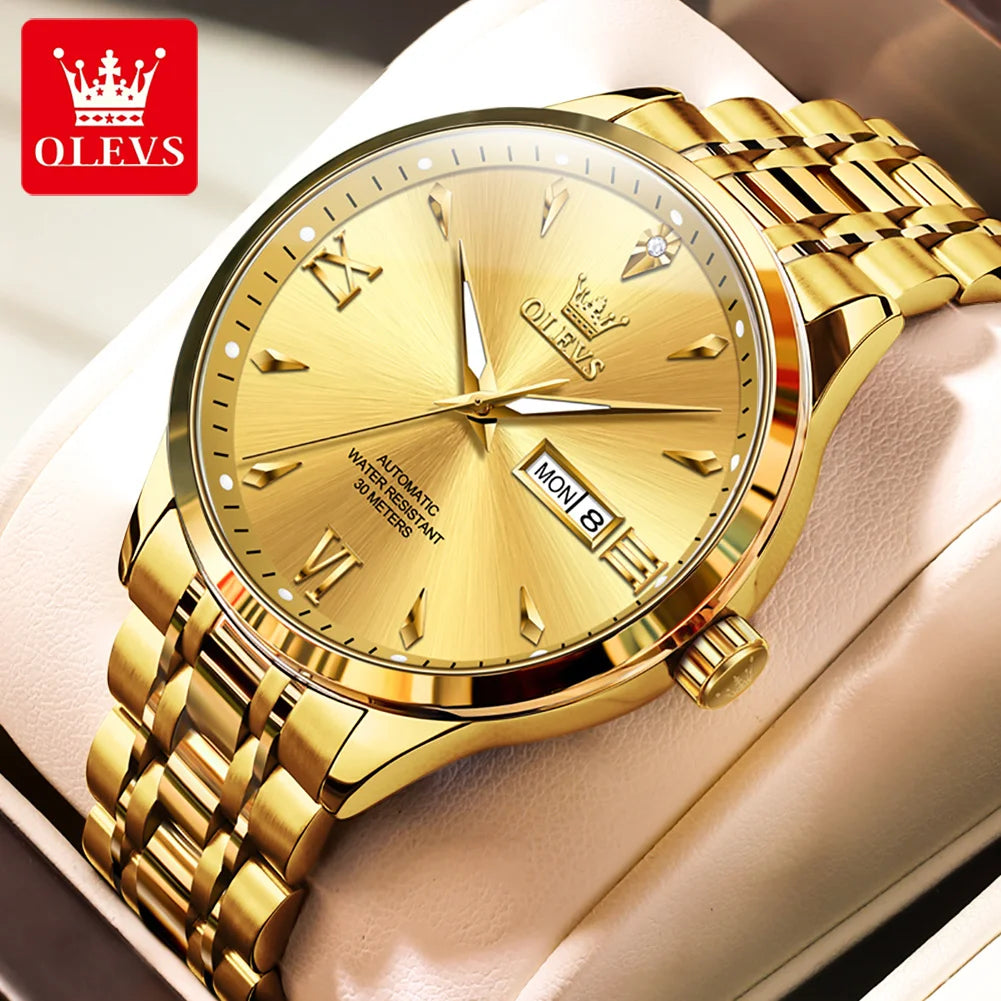 OLEVS 9956 Man Watch Steel Strap Luxury Mechanical Watch For Men Original Fashion Waterproof Automatic Hand Clock Dual Calendar