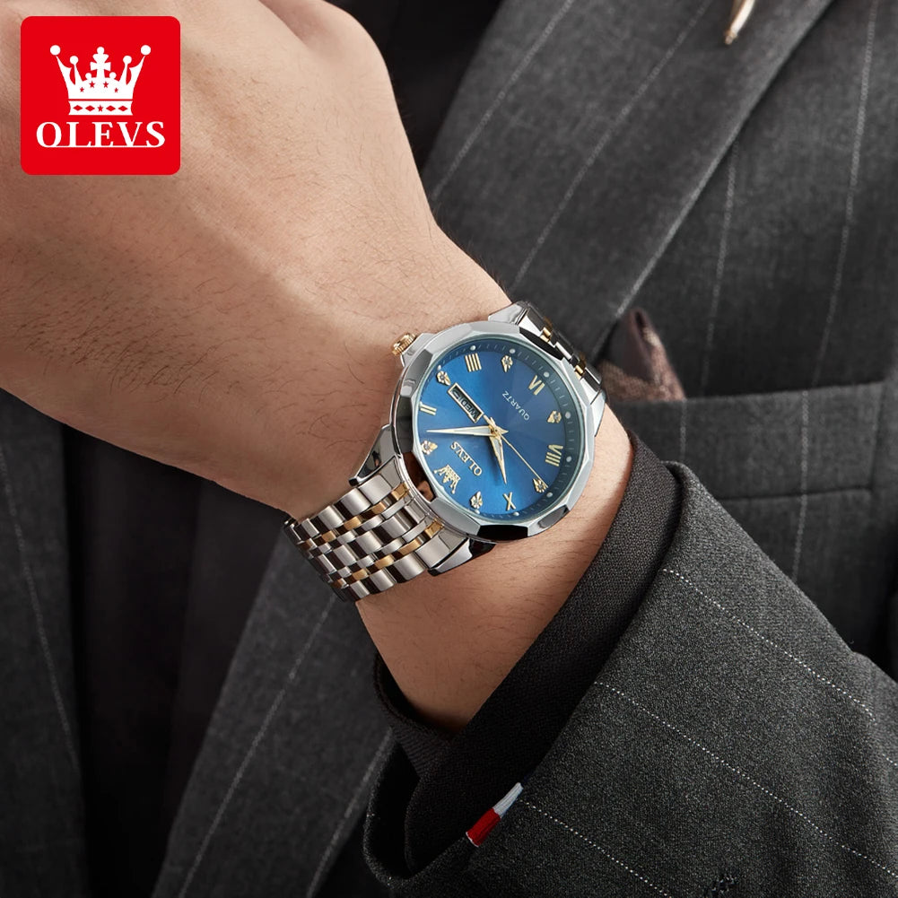OLEVS 9931 Quartz Watch For Men Rhombus Mirror Waterproof Luminous Stainless Steel Wrist Watches Dual Calendar Man Hand Clock