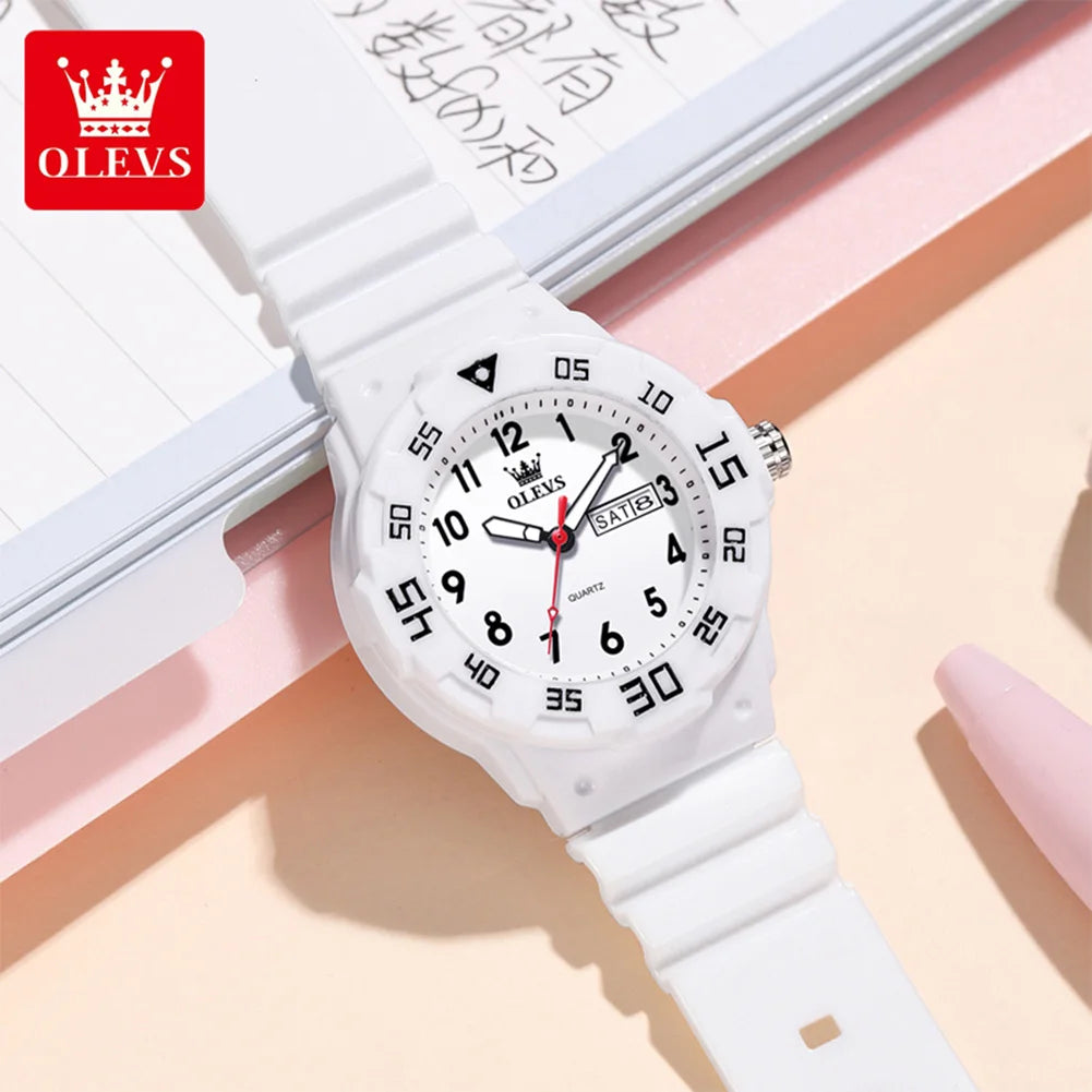 OLEVS 5659 Women's Watch Number Scale Silicone Strap Student Quartz Watch For Women Dual Calendar Fashion Waterproof Hand Clock