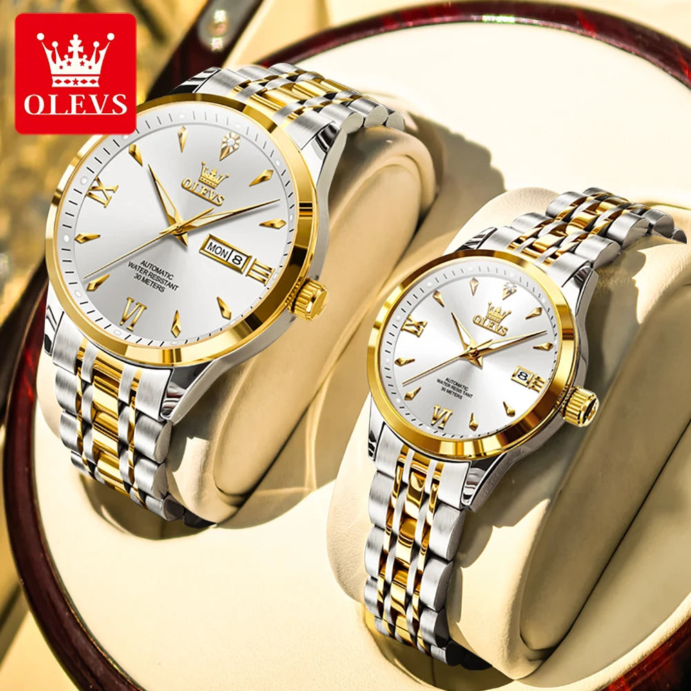 OLEVS 9956 Watches For Couple  Automatic Mechanical Watches Dual Calendar Original Stainless Steel Hand Clock Waterproof 9956