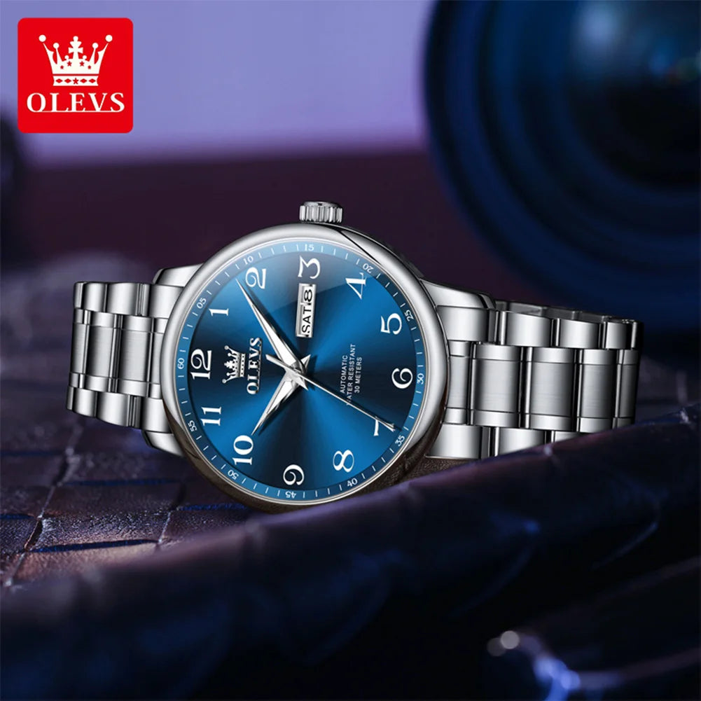 OLEVS 7072 Mens Watch Fashion Original Mechanical Watches For Men Dual Calendar Waterproof Business Automatic Hand Clock