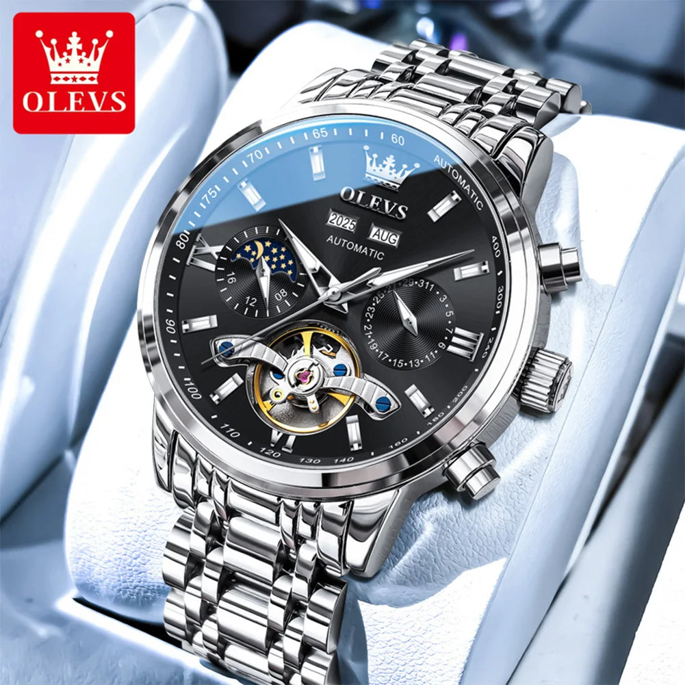 OLEVS 6740 Erkek Saati Orijinal Lüks Flywheel Otomatik Mekanik Saat Ay Evreli Su Geçirmez Işıklı Saatler Hediyeler