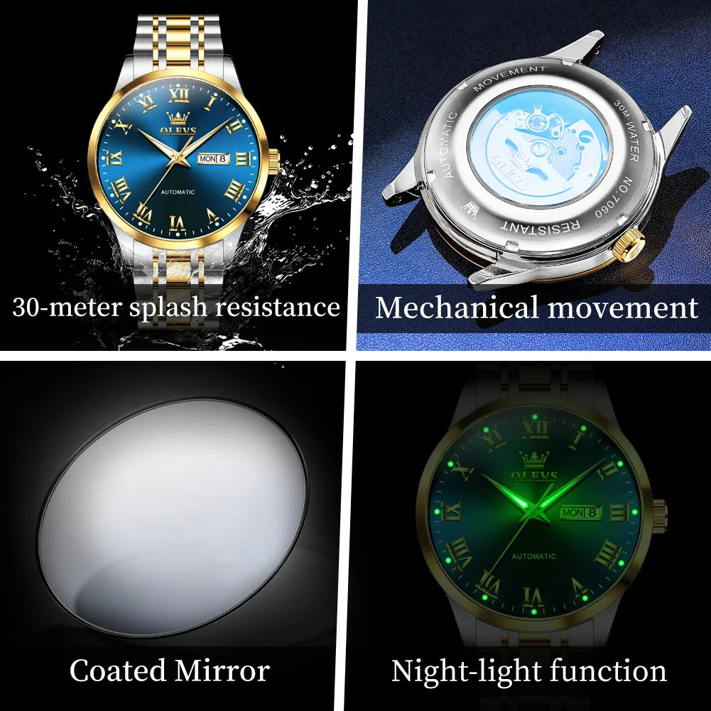 OLEVS 7060 Mens Watches Stainless Steel Original Luxury Automatic Mechanical Watches Waterproof Luminous Watches For Man Gifts