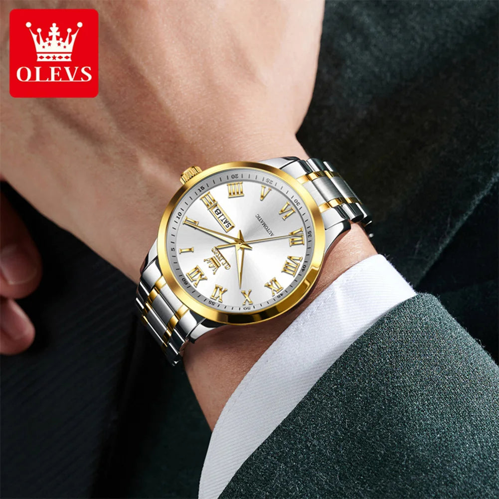 OLEVS 7075 Watches For Man Luxury Original Mechanical Watch For Men Week Calendar Waterproof Automatic Hand Clock Steel Strap