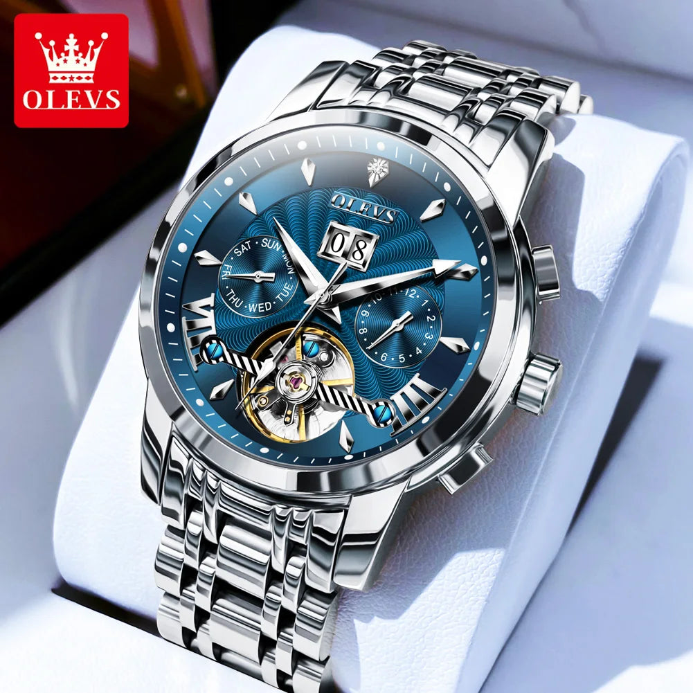 OLEVS 9965 Automatic Watch For Men Skeleton Flywheel Waterproof Men's Watches Week Calendar Luxury Man Mechanical Wristwatch