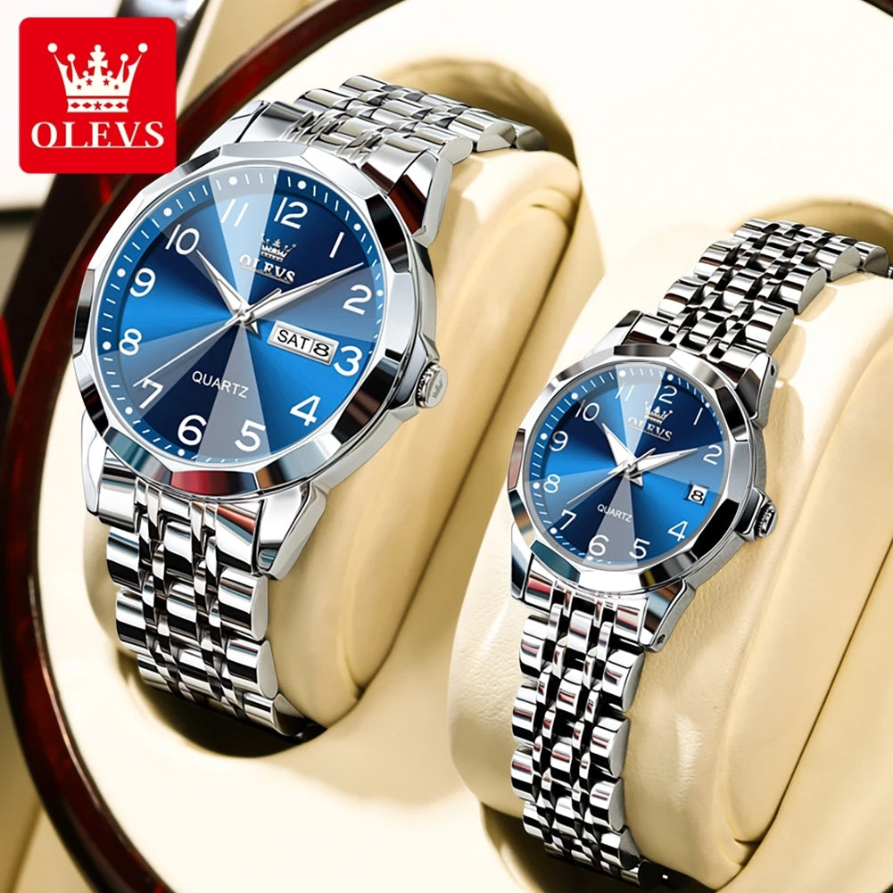OLEVS 9970 Couple Watch For Men Women Luxury Number Dial Rhombus Mirror Quartz Hand Clock Stainless Steel Original Dress Watches
