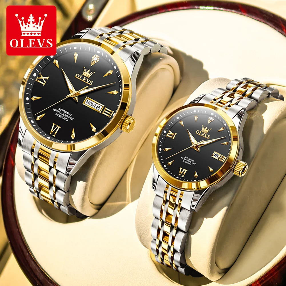 OLEVS 9956 Watches For Couple  Automatic Mechanical Watches Dual Calendar Original Stainless Steel Hand Clock Waterproof 9956