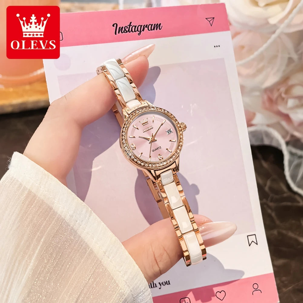 OLEVS 7093 Ladies Watch High Quality Elegant Original Quartz Wristwatch Waterproof Luminous Watches For Woman Ceramics Strap