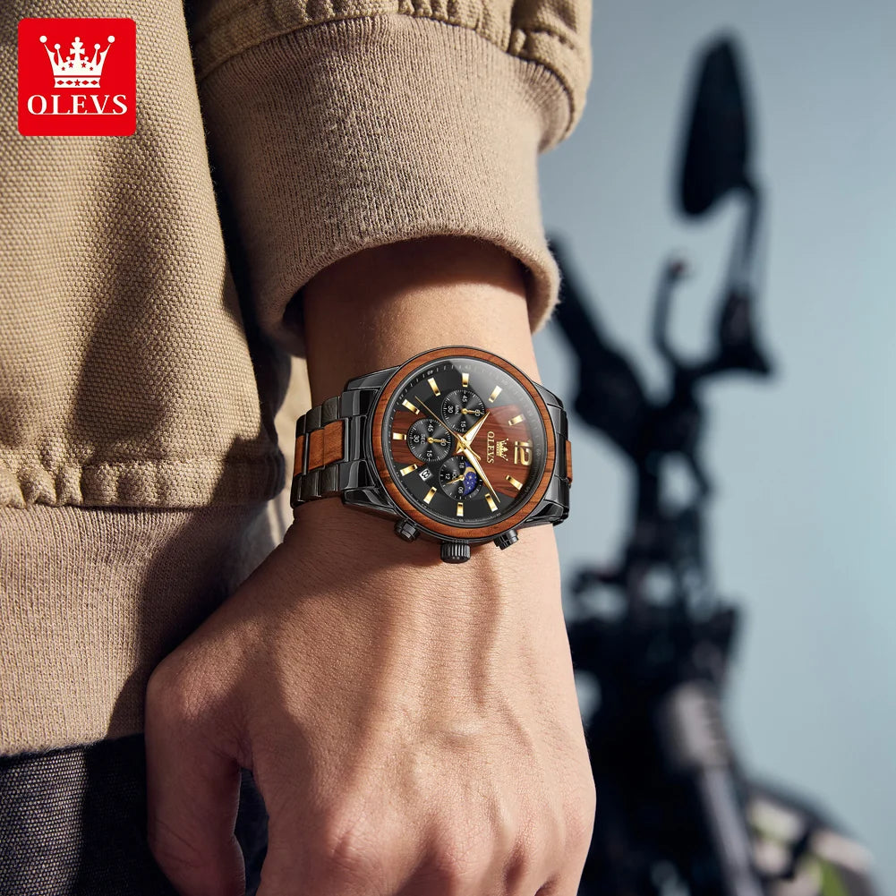OLEVS 3645 Quarzuhr für Herren, modischer Chronograph, Stahl-Holz, 44 mm, großes Zifferblatt, Zeigeruhr, Mondphase, wasserdicht, leuchtende Herrenuhr