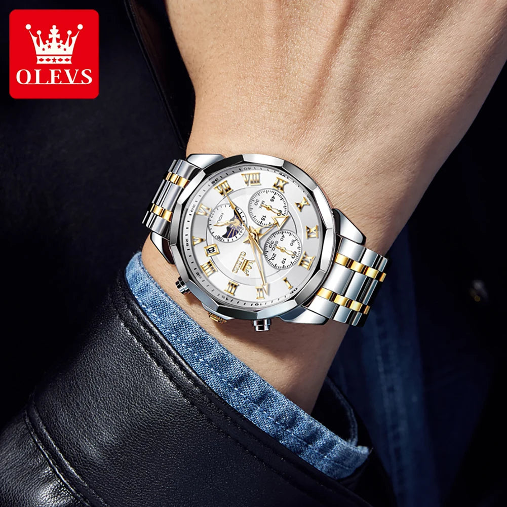 OLEVS 3675 Uhr für Herren, römische Ziffern, luxuriöses Rhombus-Spiegel-Chronograph, Herren-Armbanduhr, Mondphase, Datum, wasserdichte Quarzuhr