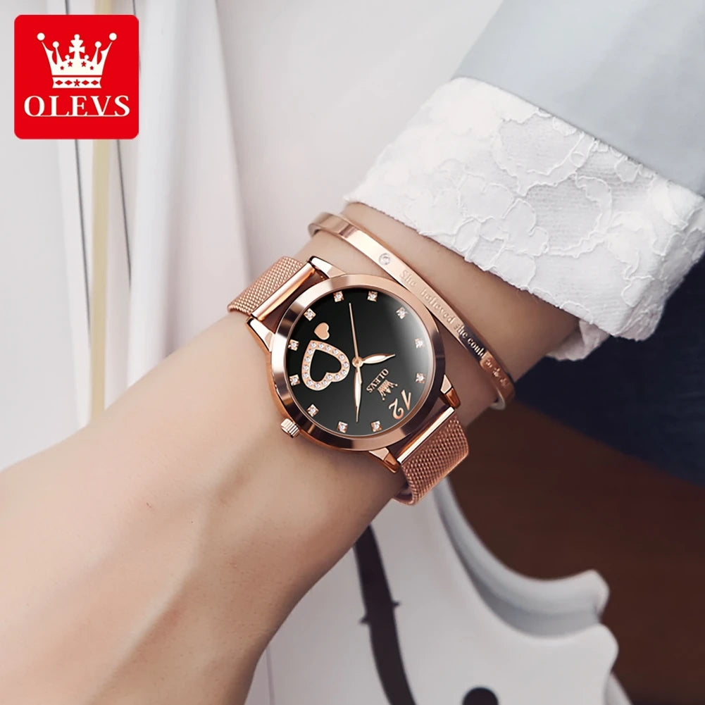OLEVS 5189 Damenuhr Luxus Ultr dünne Quarzuhr Damen Mesh-Stahlarmband Herzförmiges Zifferblatt Wasserdichte Damenuhr