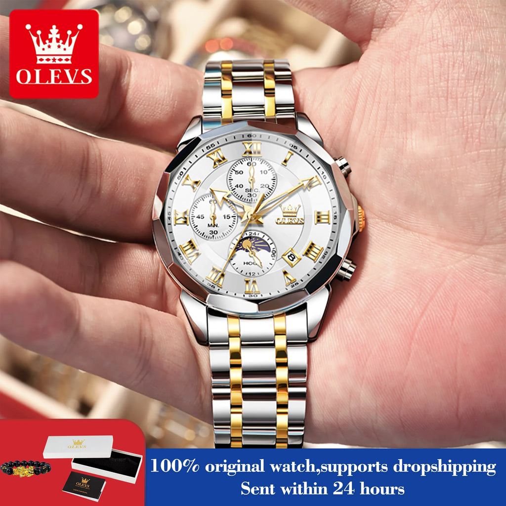 OLEVS 3675 Uhr für Herren, römische Ziffern, luxuriöses Rhombus-Spiegel-Chronograph, Herren-Armbanduhr, Mondphase, Datum, wasserdichte Quarzuhr